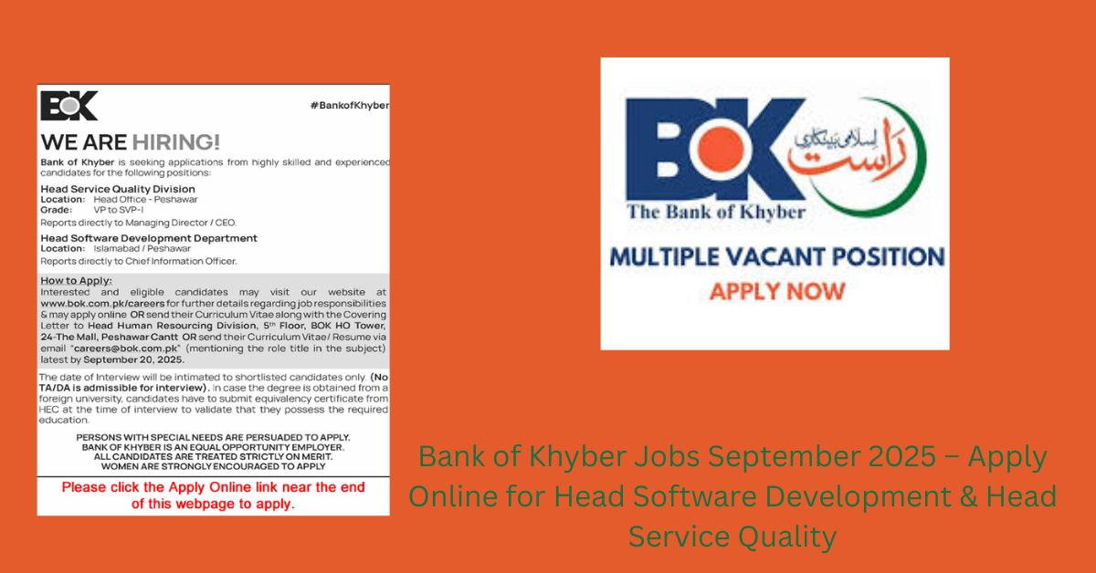 Bank of Khyber Jobs September 2025 – Apply Online for Head Software Development & Head Service Quality