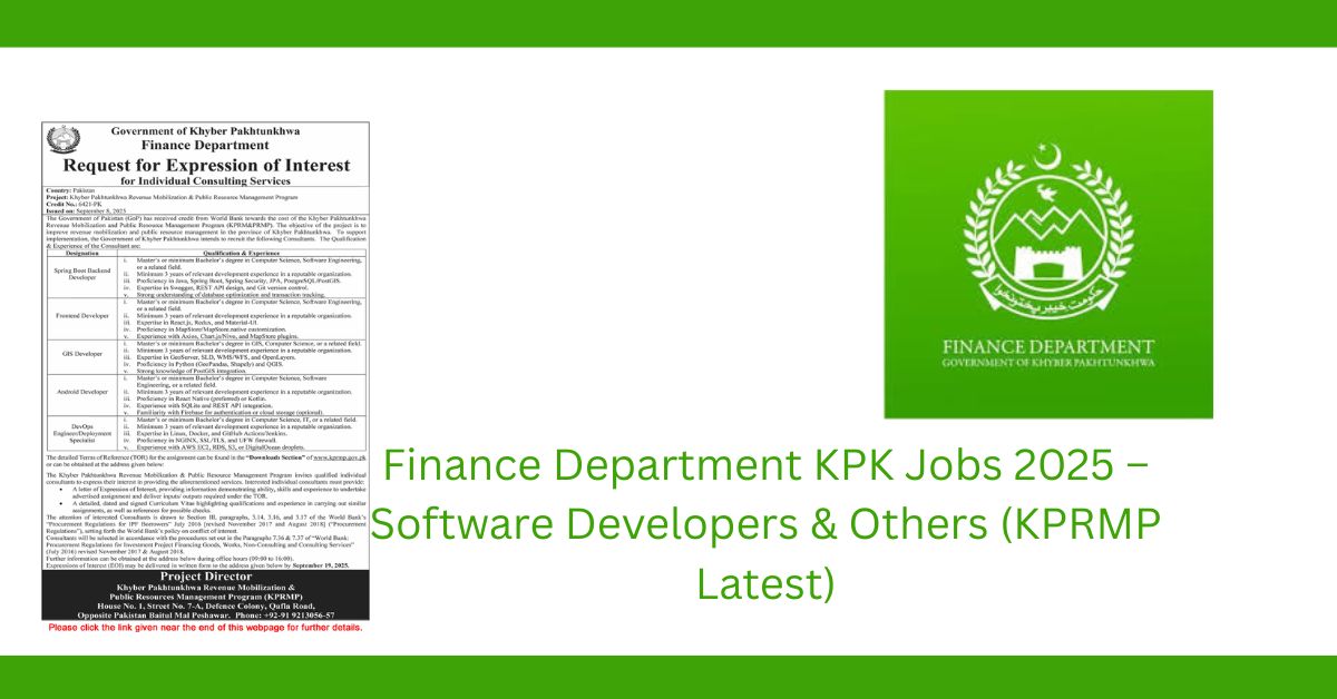 Finance Department KPK Jobs 2025 – Software Developers & Others (KPRMP Latest)