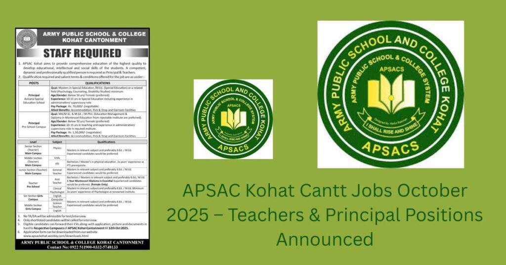 APSAC Kohat Cantt Jobs October 2025 – Teachers & Principal Positions Announced
