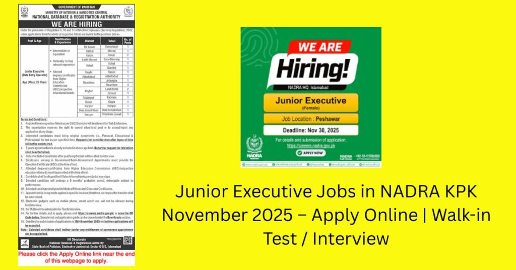 
Junior Executive Jobs in NADRA KPK November 2025 – Apply Online | Walk-in Test / Interview
