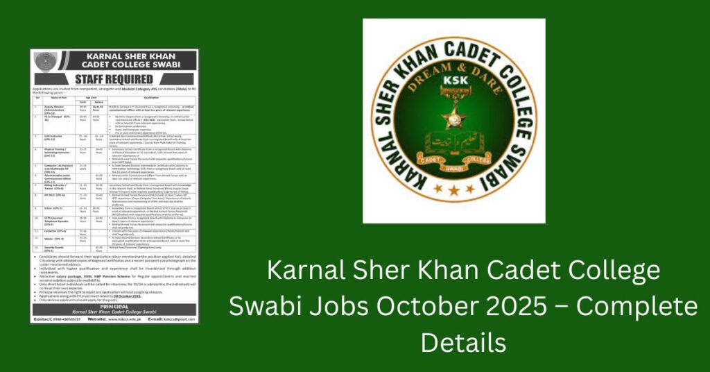 Karnal Sher Khan Cadet College Swabi Jobs October 2025 – Complete Details